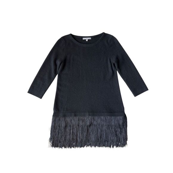 Neiman Marcus Black Cashmere 3/4 Sleeve Fringe Tunic Sweater - Picture 2 of 11